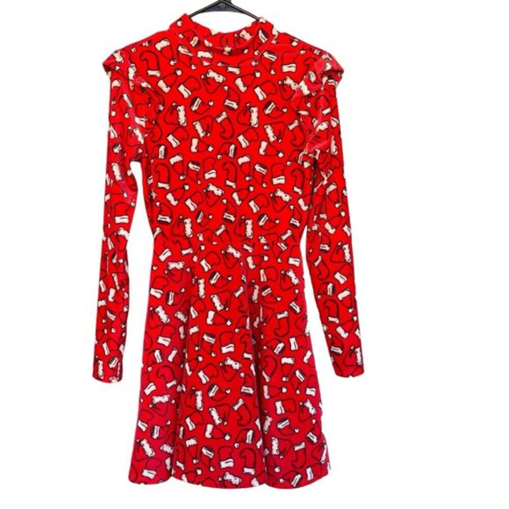 Xhilaration Santa Dress Womens Medium Velour Ruffle Shoulder‎ Keyhole Christmas